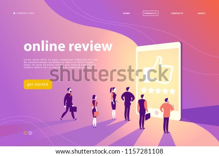 Vector web page concept design with online review theme - office people stand at big digital tablet watch shining screen with five stars. Landing page, mobile app, site template. 