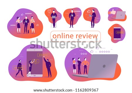 Vector set of concept design with online review. Office people stand watching on mobile device screen - laptop, tablet, smartphone. Thumb up, stars line icons. Landing page, mobile app, UI, UX, site.