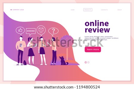 Vector web page concept design with online review theme. People with mobile device - laptop, tablet, smartphone - giving stars, rating. Thumb up, stars line icons. Landing page, mobile app, site.