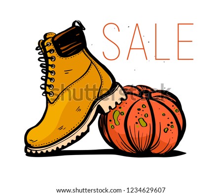 Vector hand drawn trendy fashion illustration with sale theme and autumn / spring boots and pumpkin isolated on white background. Marker sketch style. Good for banner, ad, flayer, tag, packaging etc.
