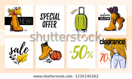 Vector collection of trendy autumn sale with female wardrobe clothing & accessory elements: sweater, boot, bag, jeans isolated on white background. Hand drawn sketch style. Good for card, sale tag, ad