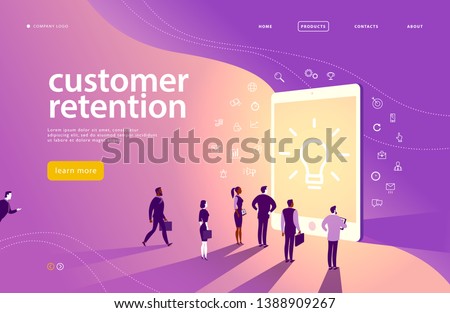 Vector web page concept design with customer retention theme - office people stand at big digital tablet screen. Landing page, mobile app, site template. Line art, business icons. Inbound marketing.