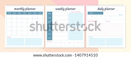 Vector set of monthly, weekly and daily planner  page design template. Flat lay, mock up. Pastel colors. Office business equipment.