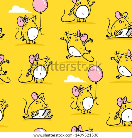 Vector seamless pattern with funny happy hand drawn mice characters isolated on yellow background. Comic style. 2020 year mascot illustration in different pose. For packaging design, banner, kid print