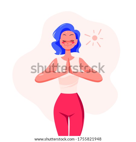 Young lady cartoon character meditating stand and keep hand together, eyes closed isolated on white background. Mental health, inner harmony, tranquility, calm. Vector flat illustration.