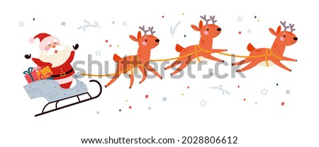 Winter Merry Christmas holiday illustration with funny Santa Claus character and his reindeer sleigh fly isolated. Vector flat cartoon illustration. For card, banner, flayer, invitation, poster.