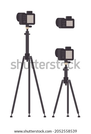 Set of different photo camera objects with screen on high tripod isolated. Vector flat illustration. Back side view. For banners, web.