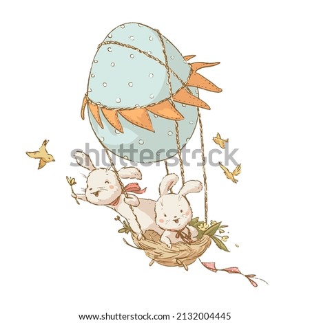 Vector Happy Easter illustration with two cute adorable white bunny characters fly on hot air ballon  isolated. Flat vintage sketch hand drawn style. For Easter card, print, poster, banner etc.