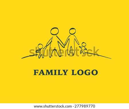 Vector family logo design on yellow background. Hand drawn family icon. Doodle people figures standing on the horizon. Social logo design.