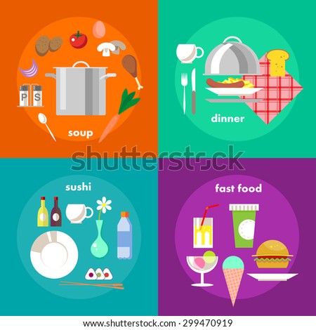 Collection of vector flat food and dish icons. Restaurant elements icons. Food and alcohol illustration.