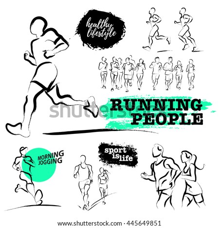 Vector hand drawn active people sketch isolated on white background. Running man silhouette. Ink drawing. Sportsman figure. Human jogging. Brush stroke, contour drawing. Artistic sport logo element.