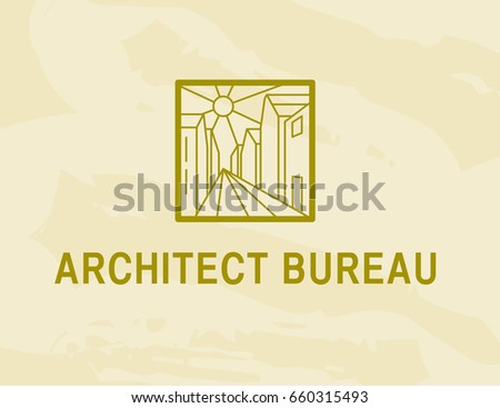 Vector flat construction company brand design template isolated on textured back drop. Building company and architect bureau insignia, logo. Citycsape, streetview illustration. Line art.