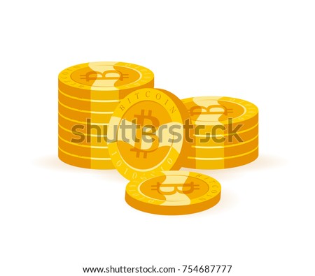 Vector bitcoin collection flat illustration isolated on white background. Cryptocurrency golden symbol. Digital money pile, bit coin emblem, golden coin with bitcoin symbol design. 