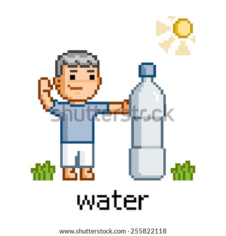 Pixel art people and bottle of water