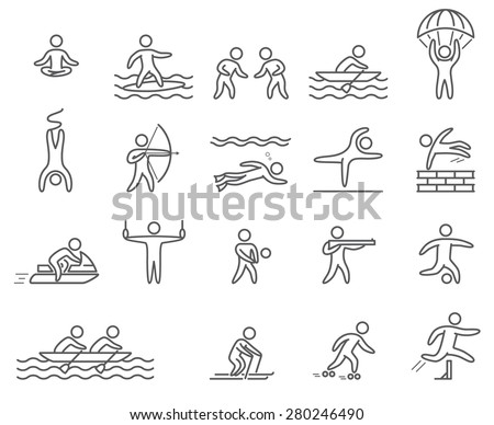 Outline figure athletes. Icons popular sports. Linear vector set. Yoga, surfing, skydiving, rope jumping, archery, volleyball, shooting, diving, parkour, jetski and other