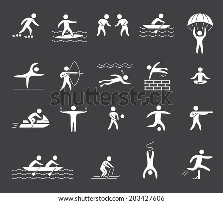Silhouette figures of athletes popular sports. Yoga, surfing, rafting, skydiving, archery, athletics, volleyball, soccer and parkour