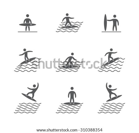 Silhouettes of figures surfer icons set. Surfing vector symbols