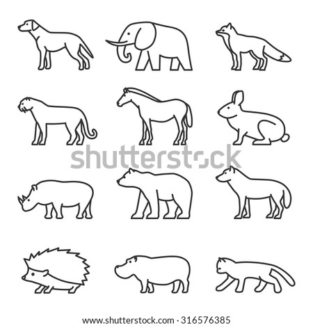 Outline Icon Animals Set. Domestic And Wild. Vector Line Silhouette ...