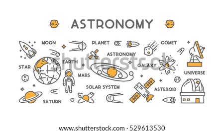 Vector line design concept for astronomy. Modern linear horizontal web banner for space. Outline background for universe.