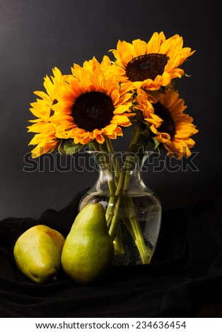 Sunflower, Vase & Pear Still Life