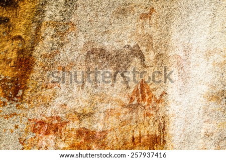 Elephant Rock Painting.  Ancient Bushman Rock Paintings. Domboshava Zimbabwe Africa