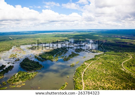 Aerial view of the Zambezi river right before Victoria Falls