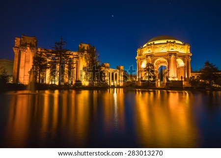 Palace of Fine Arts Museum at Night in San Francisco, California, USA.  Water fountain at night.