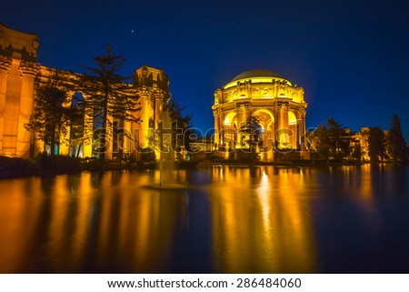 Palace of Fine Arts Museum at Night in San Francisco, California, USA.  Water fountain at night.