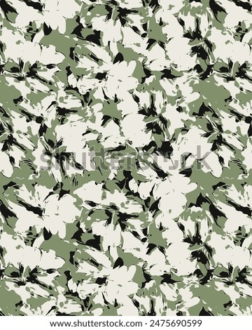 textile design three-color solid block bright abstract hibiscus flowers, all-over seamless pattern with green and cream tone color illustration digital image printing factory