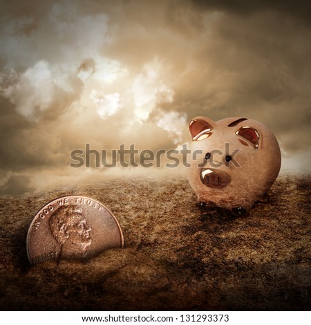 A gold piggy bank is looking at a lost penny coin hiding in the dirt with clouds in the sky. Use it as a metaphor for a wealth or money concept.