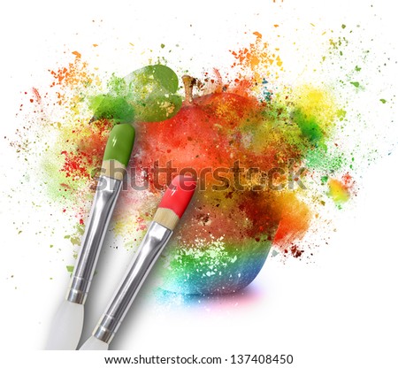 An apple is being painted with rainbow splatters on a white isolated background for an artistic design concept.