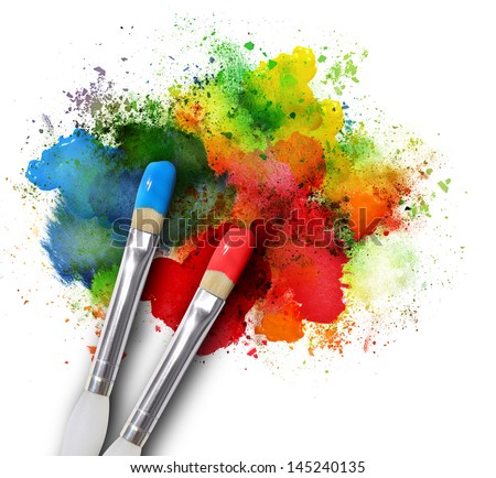Two paintbrushes are painting a rainbow splattered art project. The brushstrokes are messy on a white isolated background.