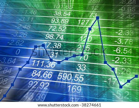 Abstract financial figures are glowing on a blue and green background with a graph increasing then decreasing. Can represent business finances or the bad economy.