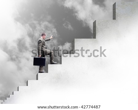 A business man is climbing up stairs. The steps become bigger. The color uses a black and white scheme. Abstract clouds are in the background.