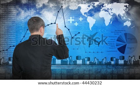 A business man is pointing at financial figures. There are line graphs and pie charts with data. There are also travel themes like a map and airplane.