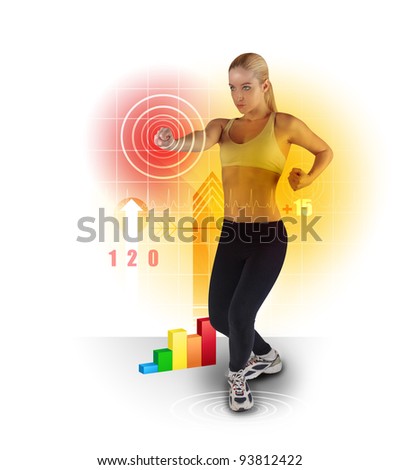 A young woman is exercising on a white background and punching a target with various work out icons around her. Use it for a healthy life or sport concept.