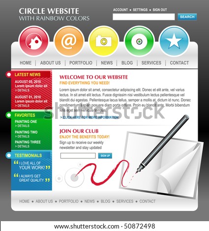 A rainbow colorful technology website template with an art concept. There are circle web buttons and navigation with a blank book and pen at the bottom