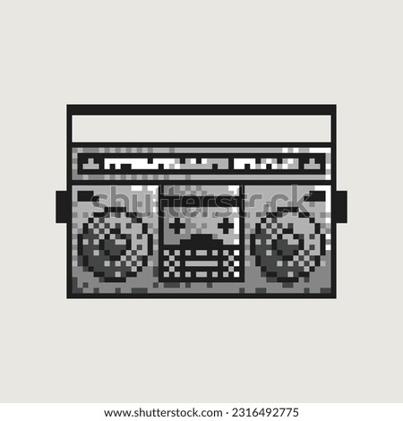 Retro silver boombox, 8 bit pixel art cassette tape. Portative casette player, 80s-90s urban street culture symbol. Hip-hop music audio system. Vintage audio system.