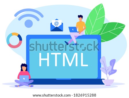 Flat style vector illustration, powerful programmer coding website on laptop besides word HTML, creating web and network.