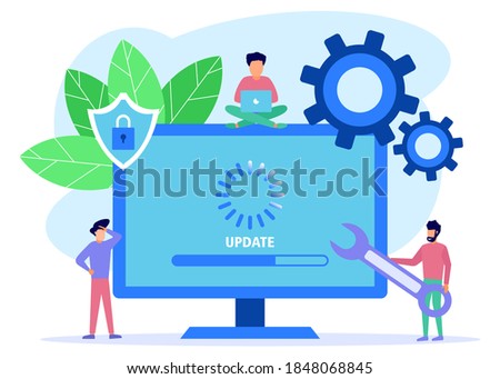 Modern style vector illustration. Repair System Update Change New Version. Install update process with person characters. Suitable for web landing pages, ui, mobile apps, banner templates.