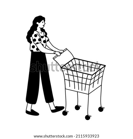 Woman Shopping Vector Illustration. Girl with Stylish Clothes in Black and White in Supermarket