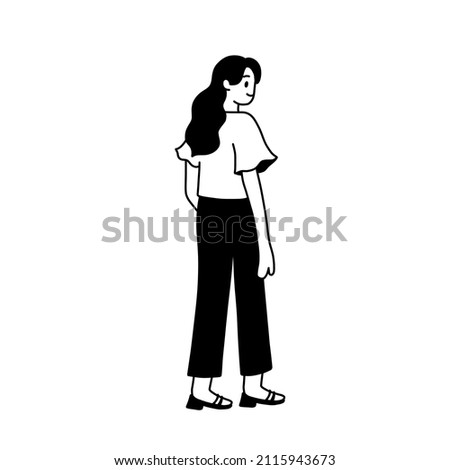 Girl Notion Style Avatar. Black and white vector illustration of woman. Girl with stylish clothes. Curly long hair woman