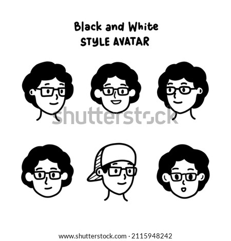 Notion Style Avatar. Man with Glasses and Curly Hair. Black and White Illustration Vector
