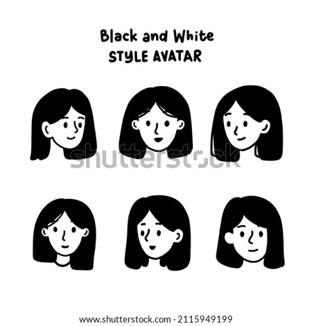 Notion Styled Avatar. Girl Avatars Black and White. Notion Style Avatar Icon Set