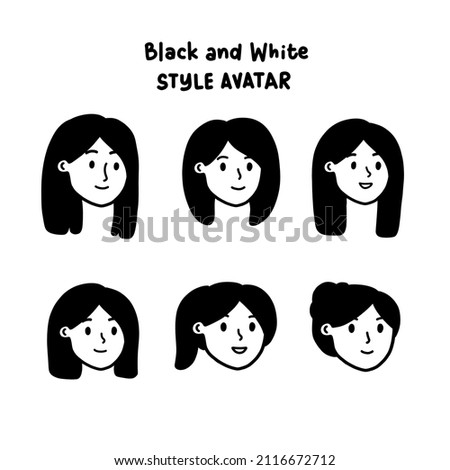 Notion Style Avatar. Woman with Long black hair icon set