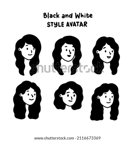 Notion Style Avatar. Woman with Long black curly hair icon set