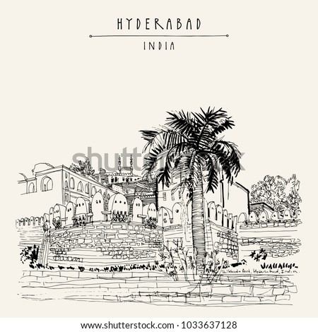Hyderabad, Telangana state, India. Golkonda fort - famous historical sight. Travel sketch. Vintage hand drawn postcard template. Vector illustration
