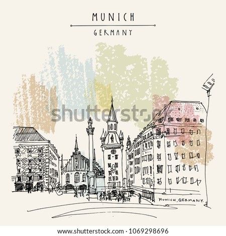 Munich, Bavaria, Germany, Europe. Old Town Hall and Marian column at Marienplatz Square. Travel sketch. Vintage hand drawn postcard, poster, book illustration. Vector artwork