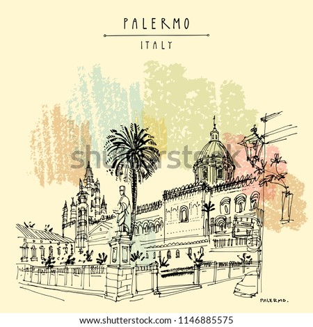 Cathedral in Palermo, Sicily, Italy. Artistic illustration of a Catholic church and beautiful garden. Travel sketch. Vintage travel postcard, poster template or book illustration in vector