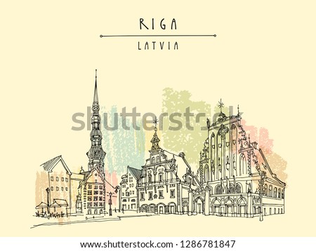 House of the Blackheads, St. Peters Church and statue of Roland in Riga old town, Latvia, Europe. Hand drawn postcard in vector